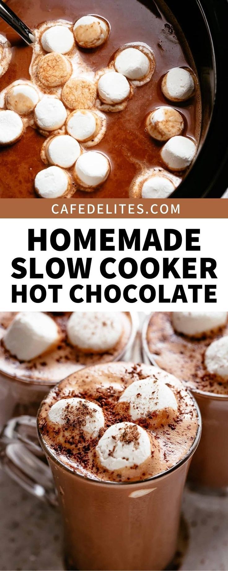 homemade slow cooker hot chocolate recipe with marshmallows in the middle and on top