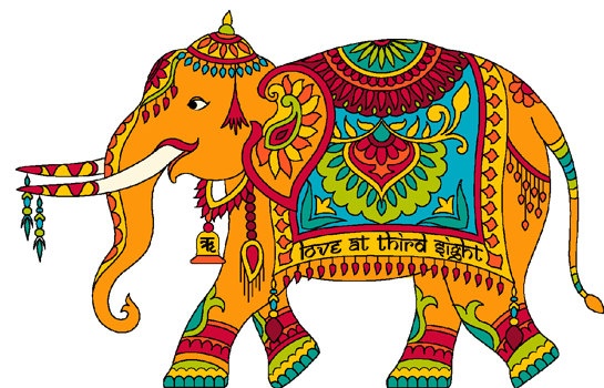 an elephant painted in bright colors with designs on it's body