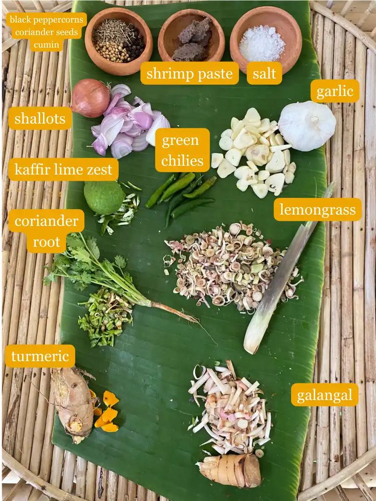 an array of ingredients on a banana leaf for making thai rice salad with vegetables and herbs