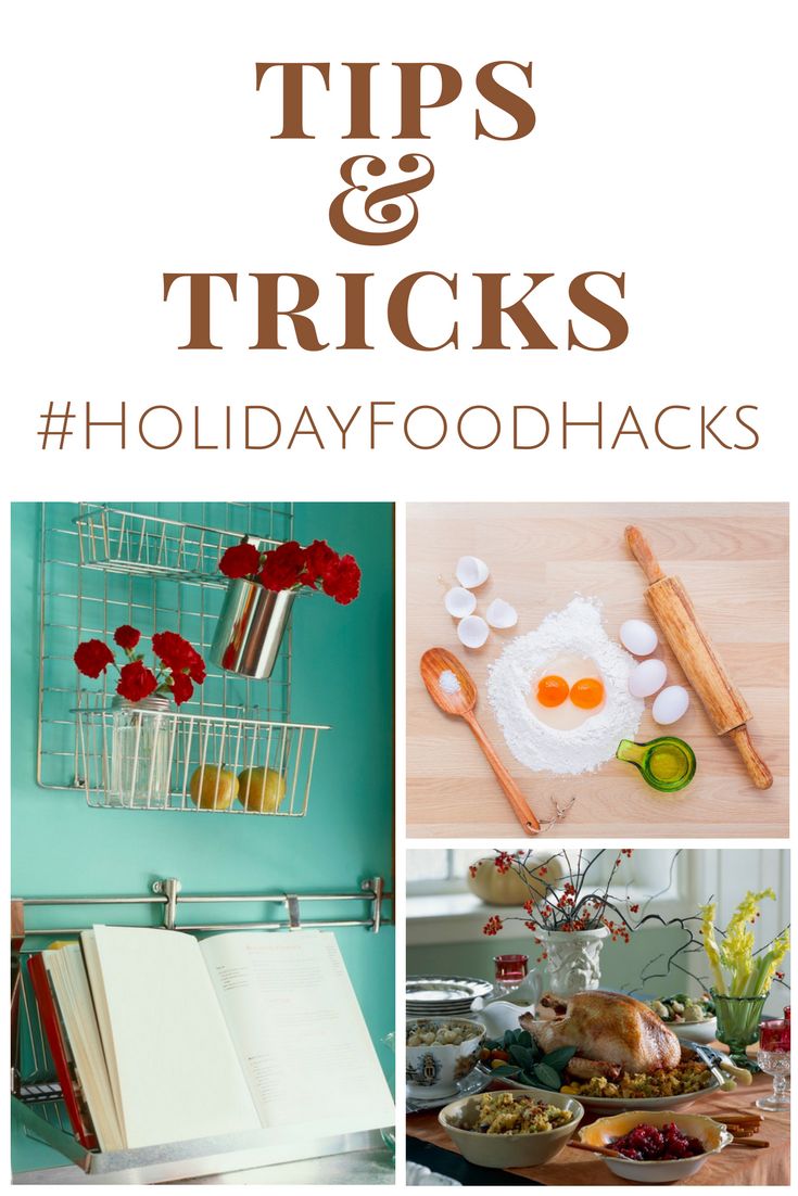 the words tips and tricks for holiday food hacks are shown in three different pictures