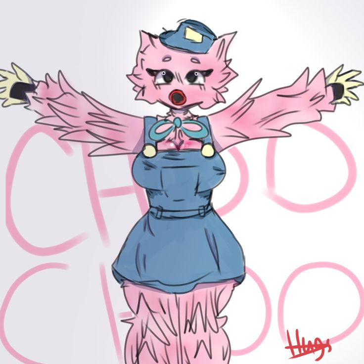 a drawing of a pink and blue cat with her arms spread out in the air