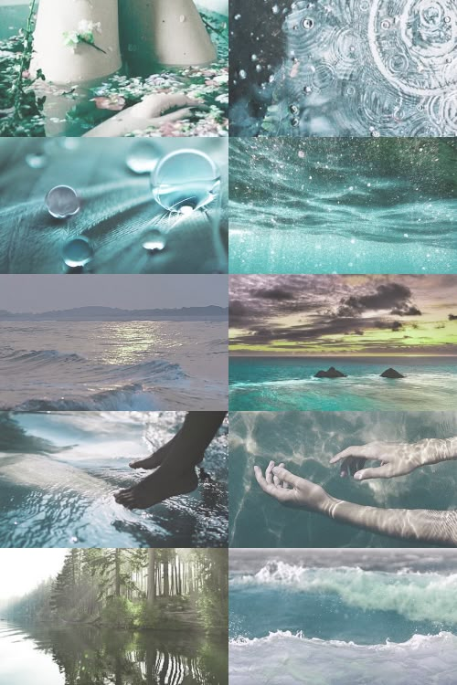 four different images with the same person's feet in water and clouds above them