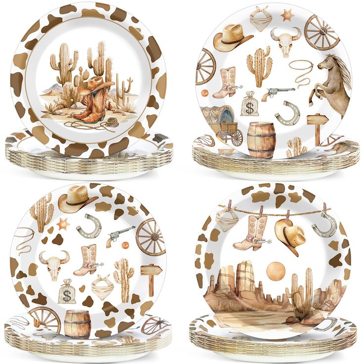 four plates with different designs on them, including an image of a horse and carriage