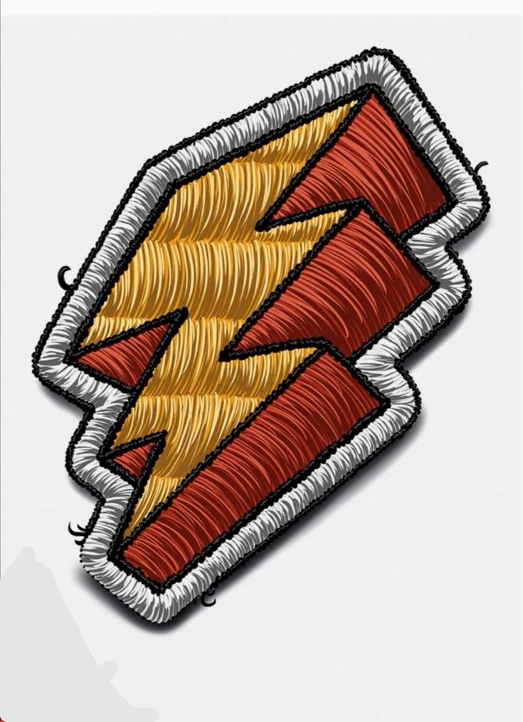 a red and yellow patch with a lightning bolt on it's back side in front of a white background