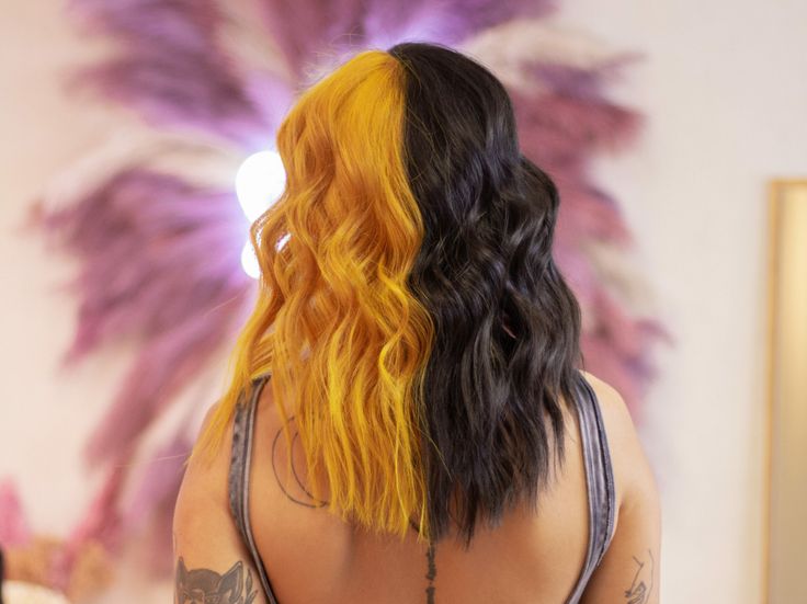 4 Section Split Dye Hair, Pink And Yellow Split Dye, Orange Purple Split Dye, Orange And Yellow Split Dye, Purple And Yellow Hair Split, Dark Pink Hair, Wild Hair Color, Split Dyed Hair, Lighter Hair