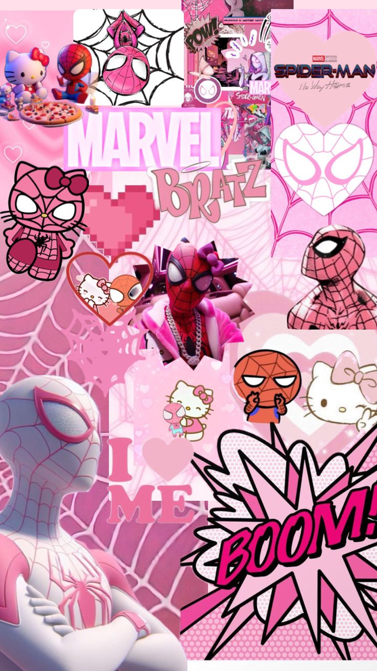 the spider - man character is surrounded by pink and white wallpapers in this image