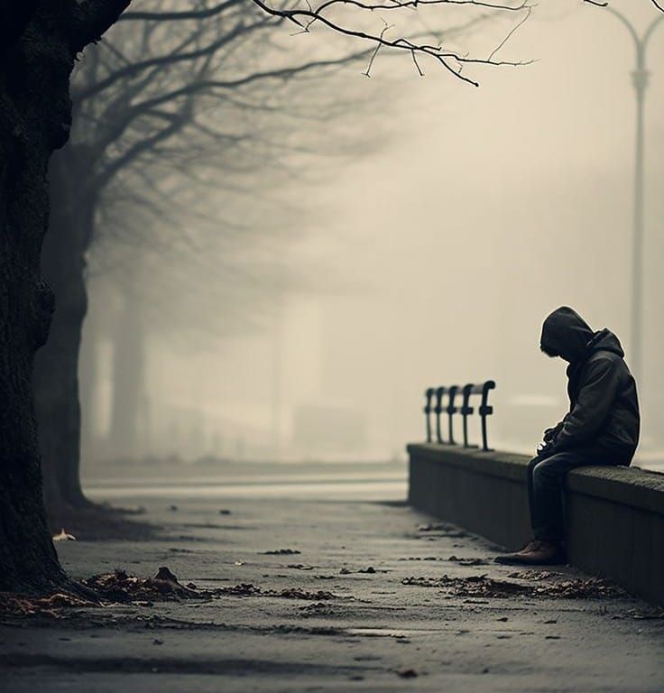 a person sitting on a bench in the foggy park, with their head down