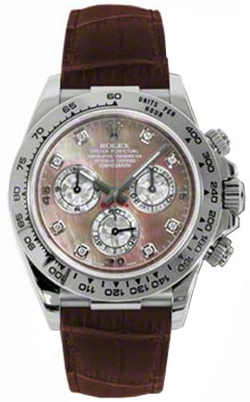 116519 Rolex Cosmograph Daytona Men's Luxury Watch Store Display Model (What's This?) - With Manufacturer Serial Numbers - Swiss Made - Black Mother of Pearl Dial - Diamond Hour Markers - Polished Solid 18k White Gold Bezel     Tachymeter Scale on Bezel - Chronograph Feature     Large Central Chronograph Second Hand     30 Minute Counter Sub-Dial at 3 O'Clock     12 Hour Counter Sub-Dial at 9 O'Clock - Small Seconds Sub-Dial at 6 O'Clock - Stop-seconds for Precise Time Setting - 72 Hour Power Reserve - Self-winding Automatic Movement     COSC Superlative Chronometer Certified - Rolex Caliber 4130 - Vibrations Per Hour: 28,800 - Jewels: 44 - 6 Year Warranty - Guaranteed Authentic - Certificate of Authenticity - Manufacturer Box & Manual - Polished with Brushed Solid 18k White Gold Case - Br Rolex Daytona White, Rolex Daytona Watch, Daytona Watch, Rolex Cosmograph Daytona, Cosmograph Daytona, Gold Watch Men, Expensive Watches, Vintage Rolex, Rolex Oyster Perpetual