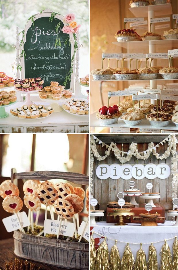 desserts and pastries are displayed on display at the wedding reception, along with an outdoor sign