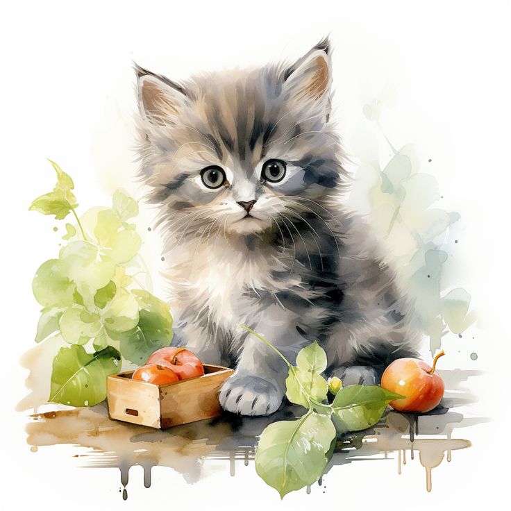 a watercolor painting of a kitten sitting on the ground next to apples and vegetables