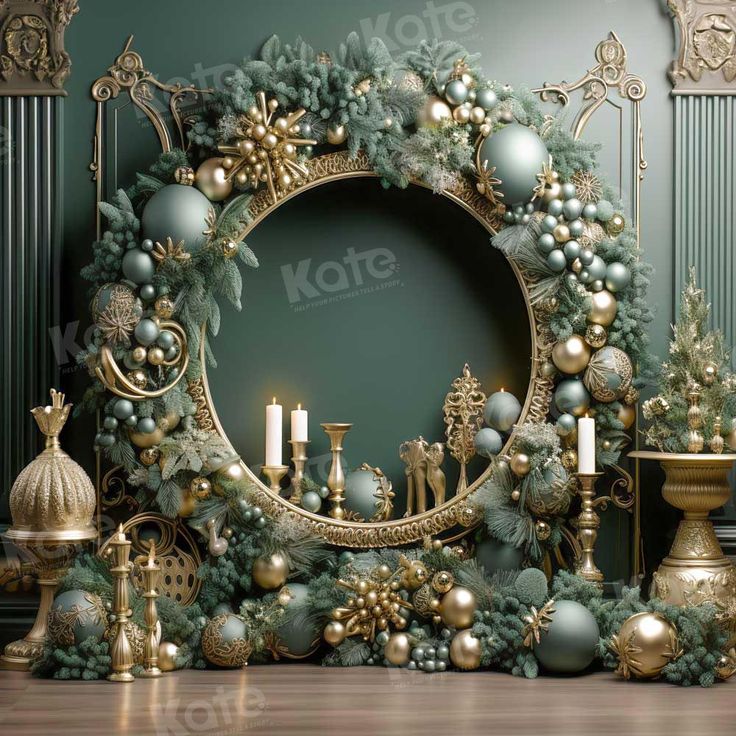 a christmas wreath with candles and ornaments around it