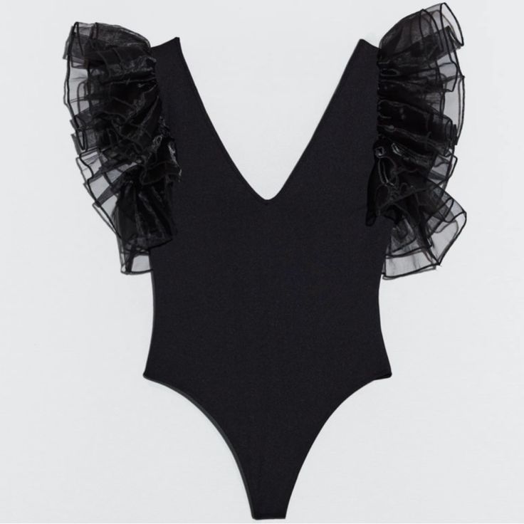 Zara Organza Bodysuit With Ruffles. Snap Closure. Soft Stretch Material. Spring V-neck Ruffled Bodysuit, Spring Ruffled V-neck Bodysuit, Chic Fitted Bodysuit With Ruffles, Chic Fitted Ruffles Bodysuit, Chic Fitted Ruffled Bodysuit, Chic Party Bodysuit With Ruffles, Elegant Party Bodysuit With Ruffles, Elegant Ruffled Party Bodysuit, Stretch V-neck Bodysuit With Ruffles