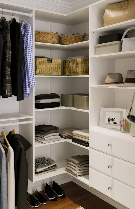 an organized closet with white shelves and drawers