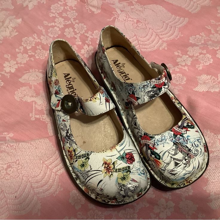 There Are Red An Blue Florals Scattered Over The Shoes. Very Pretty Design. Never Worn. Wildflower Shoes, Spring Multicolor Non-slip Clogs, Fun Blue Non-slip Clogs, Cute Multicolor Non-slip Clogs, Alegria Shoes, Horse Shoes, Blue Florals, Pretty Design, Shoes Color