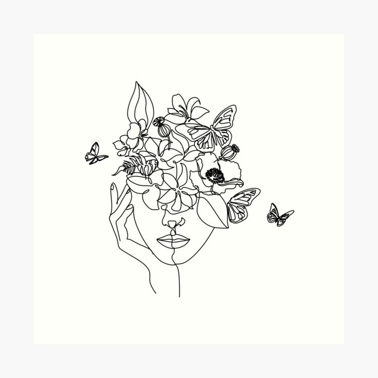 a drawing of a woman's face with flowers in her hair and butterflies around her head