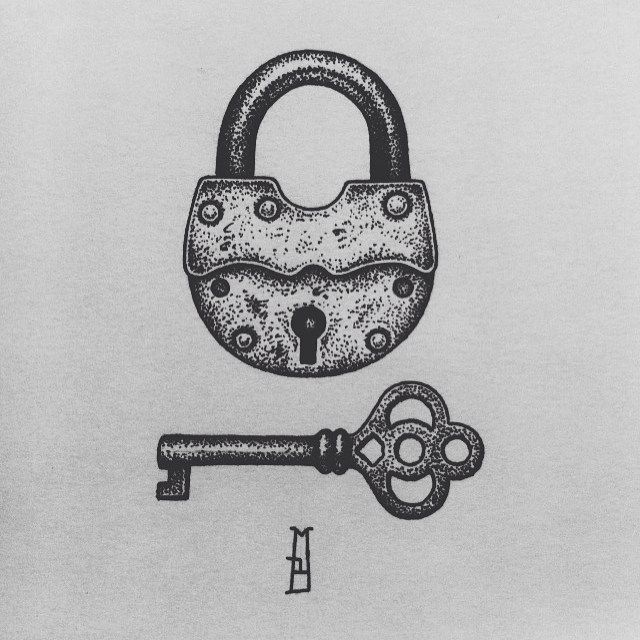 a drawing of a padlock with a key attached to it and the letter i in the middle