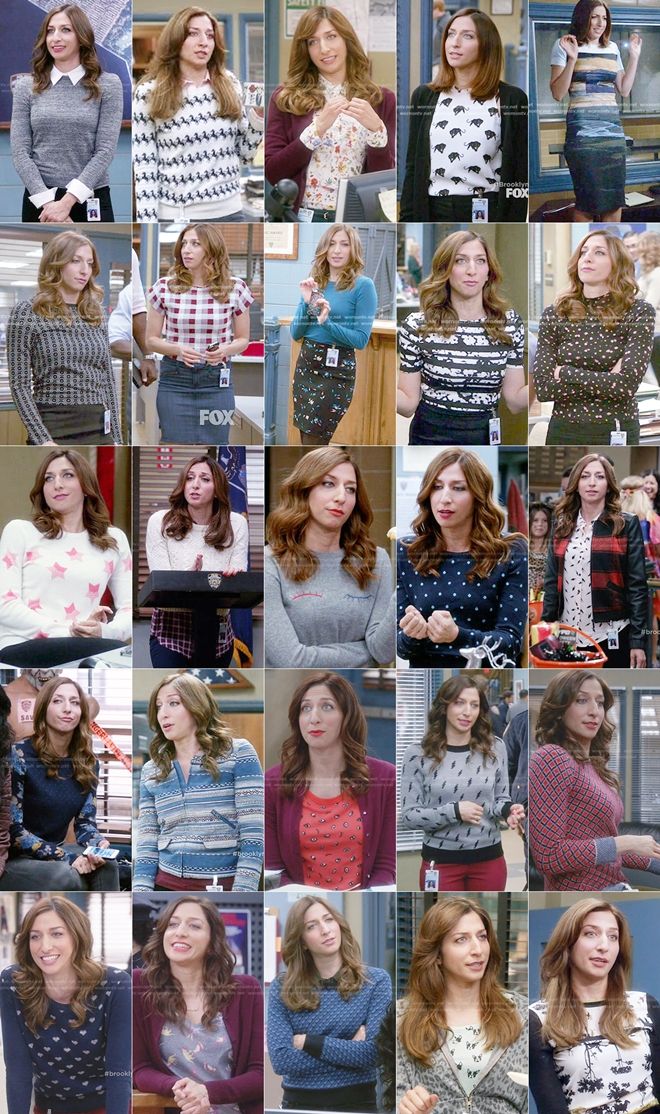 many different pictures of women in sweaters and dresses, all showing different expressions on their faces