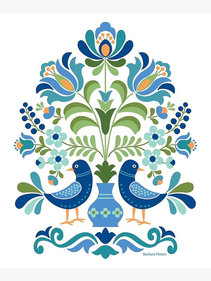 two blue birds sitting next to each other on top of a white background with flowers and leaves