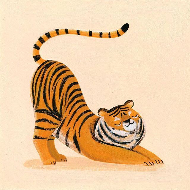 a painting of a tiger on the ground with its tail curled around it's head