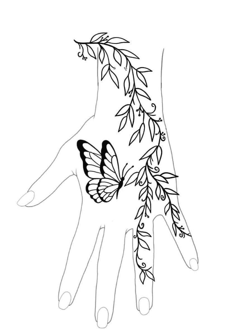 a hand with two butterflies on it and some leaves around the palm, which is drawn in