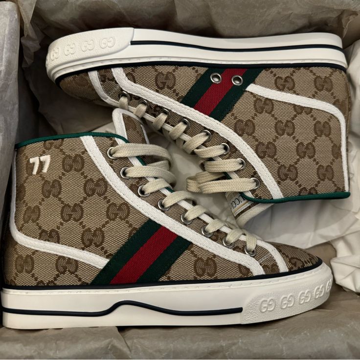 Brand New/ Never Worn Size 34 , However I Wear A Size 36 And These Sneakers Fit Perfect In Size 34 Comes With Dust Bags And Box Designer High-top Lace-up Sneakers With Embroidered Logo, Designer High-top Sneakers With Embroidered Logo, Designer Lace-up High-top Sneakers With Embroidered Logo, Gucci Designer High-top Sneakers With Embroidered Logo, Designer Gucci High-top Sneakers With Embroidered Logo, Gucci High-top Sneakers With Embroidered Logo, Luxury Gucci High-top Sneakers, Designer Gucci High-top Sneakers With Rubber Sole, Luxury Gucci High-top Custom Sneakers