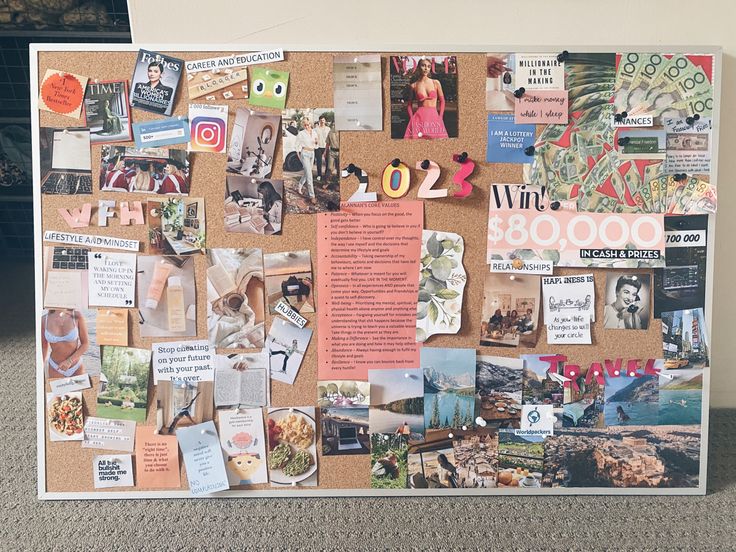 a bulletin board covered in pictures and magnets