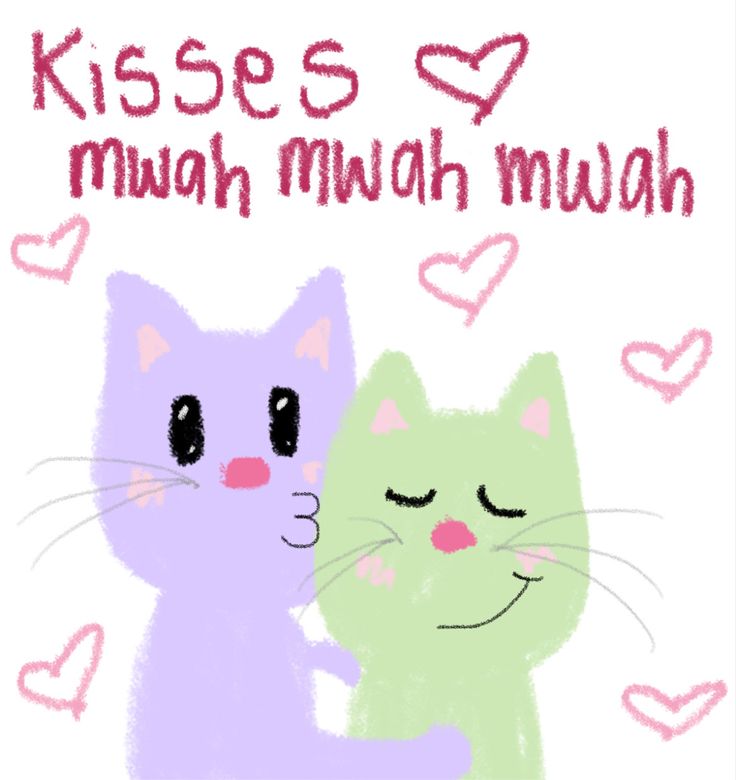 two cats that are next to each other with hearts around them and the words kisses muah muah muah