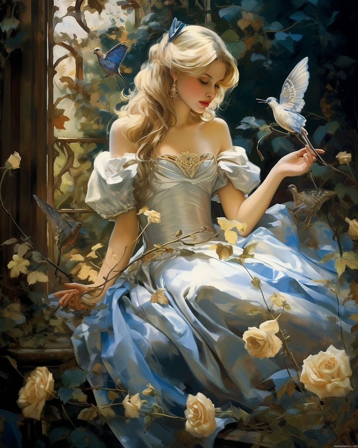 a painting of a girl in a blue dress holding a white bird with roses around her