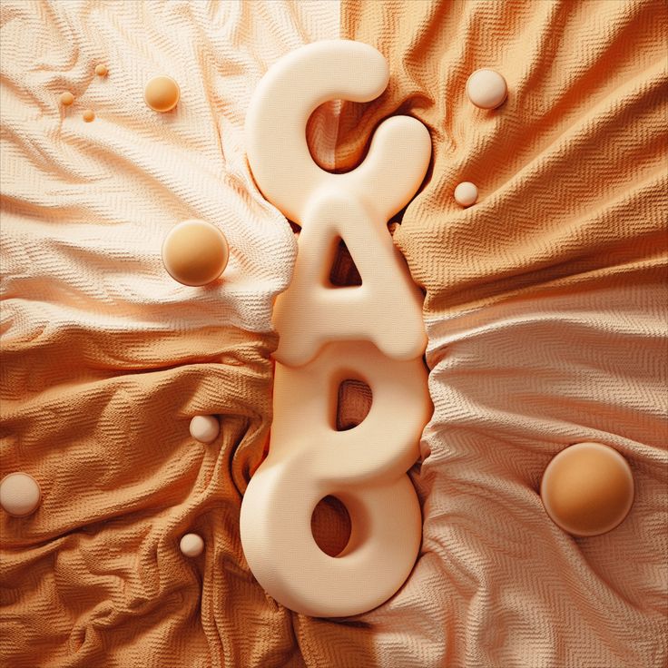 the word baby spelled out in white letters on a gold satin bed spread with balls