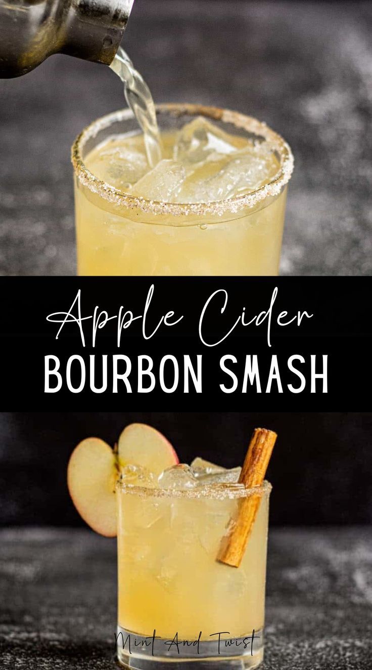 This apple cider bourbon smash is made with bourbon, fresh apple cider, lemon juice, and cinnamon-simple syrup. It’s both refreshing and warming and the perfect cocktail for the fall season. Apple Juice Cocktail, Thanksgiving Apple Cider, Apple Cider Bourbon, Apple Cider Whiskey, Cinnamon Cocktail, Cider Cocktail Recipes, Fall Apple Cider, Bourbon Apple Cider, Cinnamon Drink