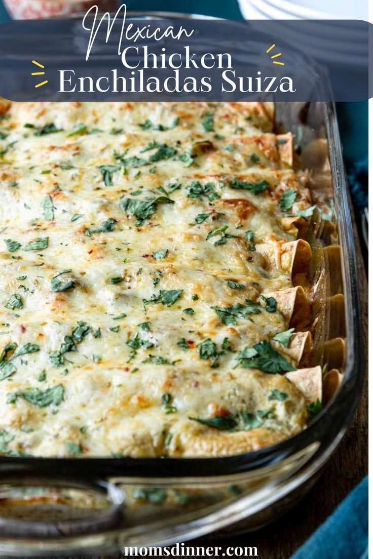 mexican chicken enchiladas suza in a casserole dish with text overlay