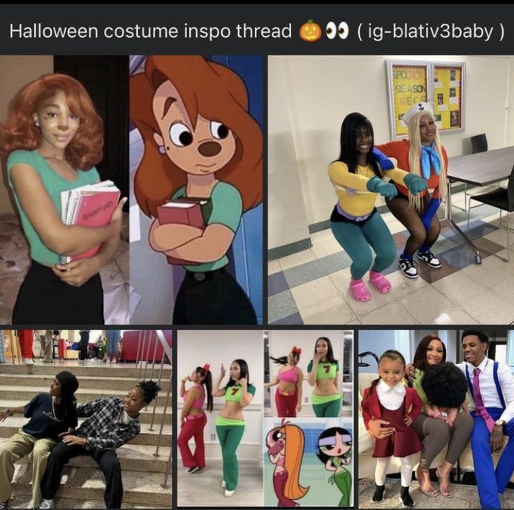 several pictures of people dressed in costumes and posing for the camera, including an animated character