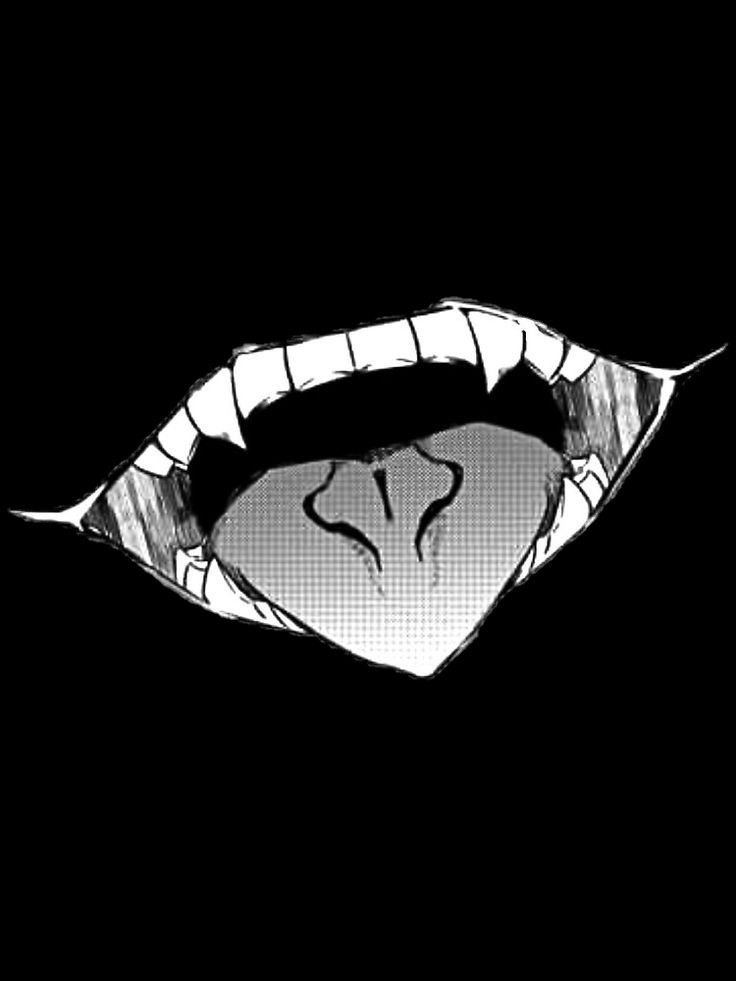 a black and white drawing of an evil looking person's mouth with sharp teeth