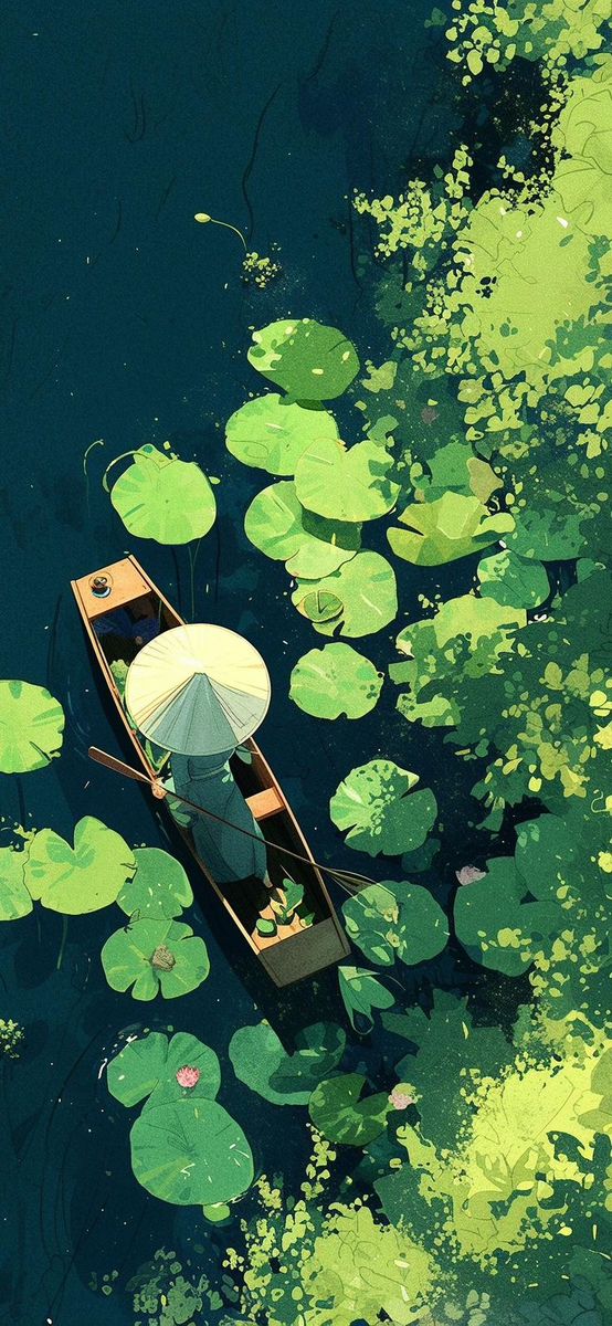 a person in a boat with an umbrella floating on lily pads