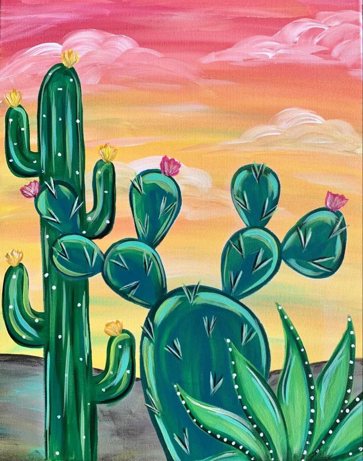 an acrylic painting of a cactus with pink sky and clouds in the background