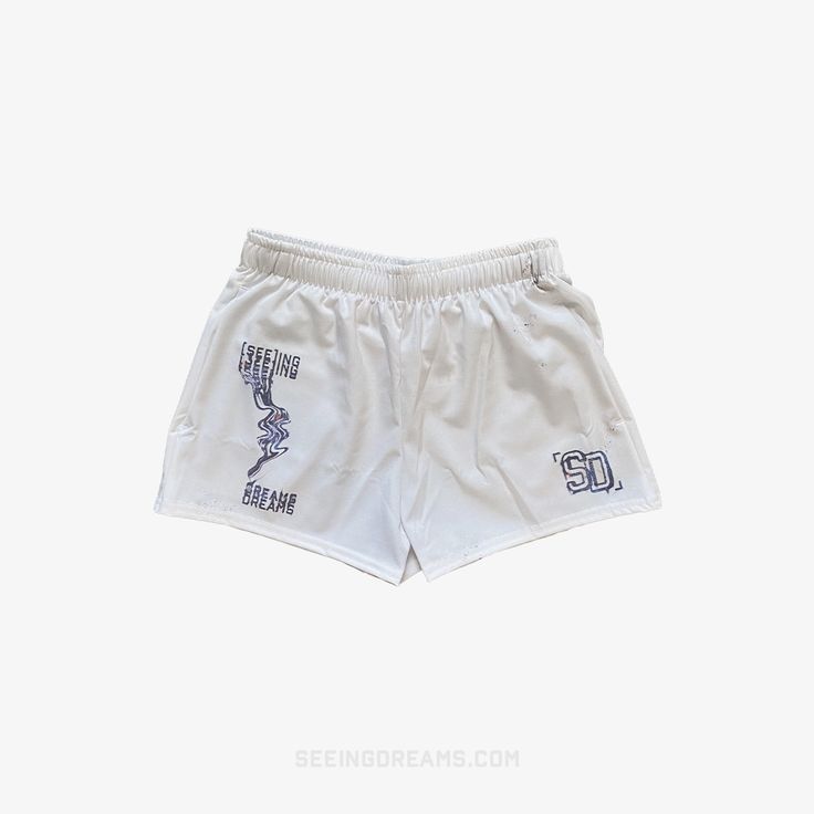 the shorts are white with blue letters on it and there is no image to describe