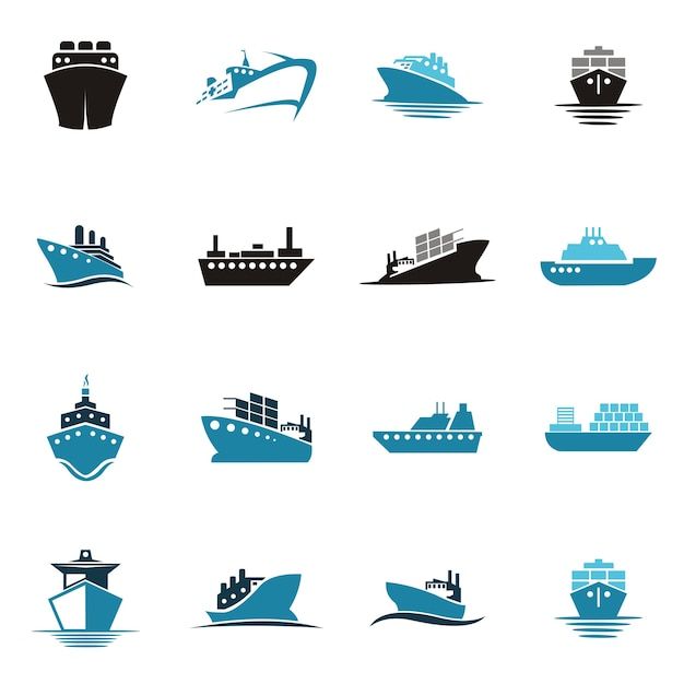 various types of boats and ships are shown in this image, including one large boat