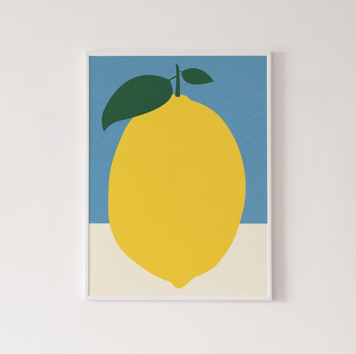 a yellow lemon on a blue and white background is featured in this minimalist art piece