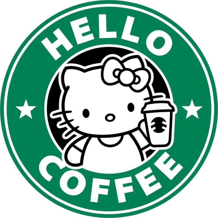 the hello kitty coffee logo has been drawn in black and white, with stars around it