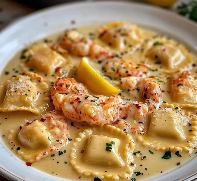 a white plate topped with ravioli and shrimp