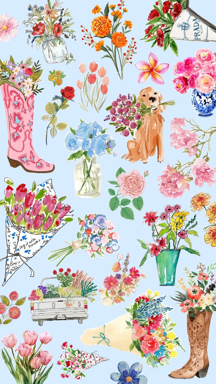 an image of flowers and boots on a blue background