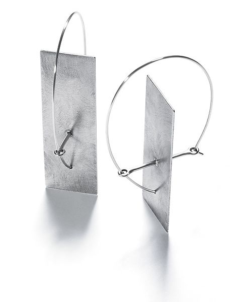 Solitary Plane Earrings by Sarah Mann (Silver Earrings) | Artful Home Modern Sterling Silver Jewelry Set With Earrings, Modern Sterling Silver Jewelry With Matching Earrings, Elegant Rectangular Sterling Silver Hoop Earrings, Elegant Sterling Silver Rectangular Hoop Earrings, Contemporary Metal Earrings With Polished Finish, Modern Silver Rectangular Earrings, Contemporary Single Silver Hoop Earring, Contemporary Silver Hoop Earring, Modern Nickel-free Sterling Silver Linear Earrings