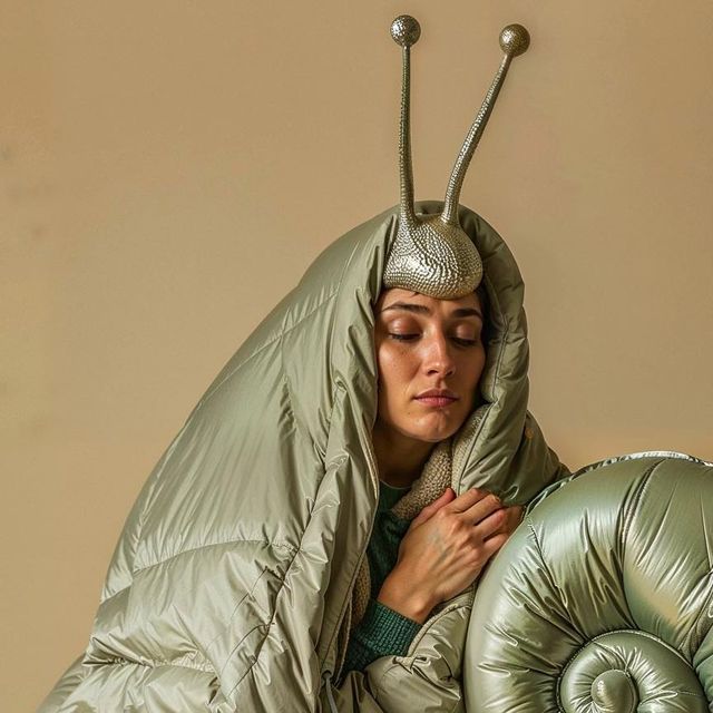 a woman in a sleeping bag with an insect on her head