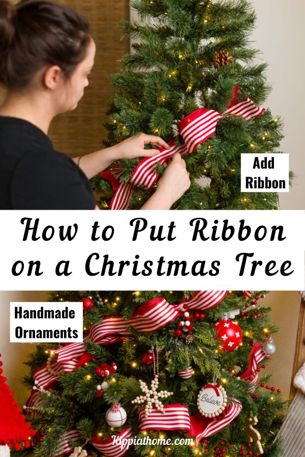 a woman decorating a christmas tree with red and white ribbon on it, the words how to put ribbon on a christmas tree