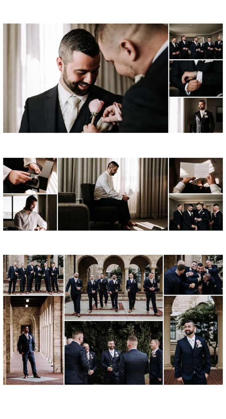 a collage of photos showing men in suits and ties getting ready for their wedding