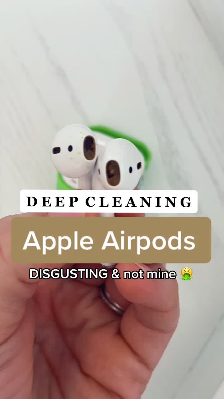 a hand holding an apple airpods with the words deep cleaning above it and below it