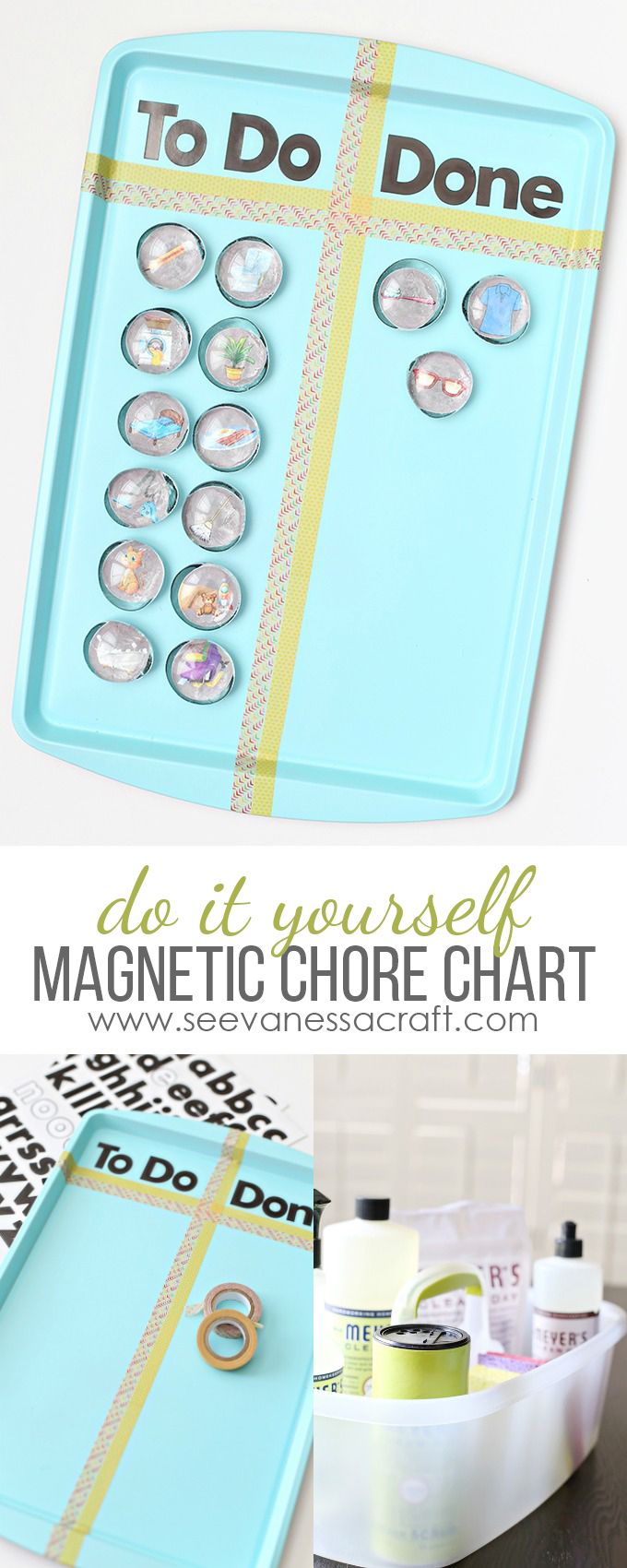 a blue tray with magnets on it and the words do it yourself magnetic chore chart