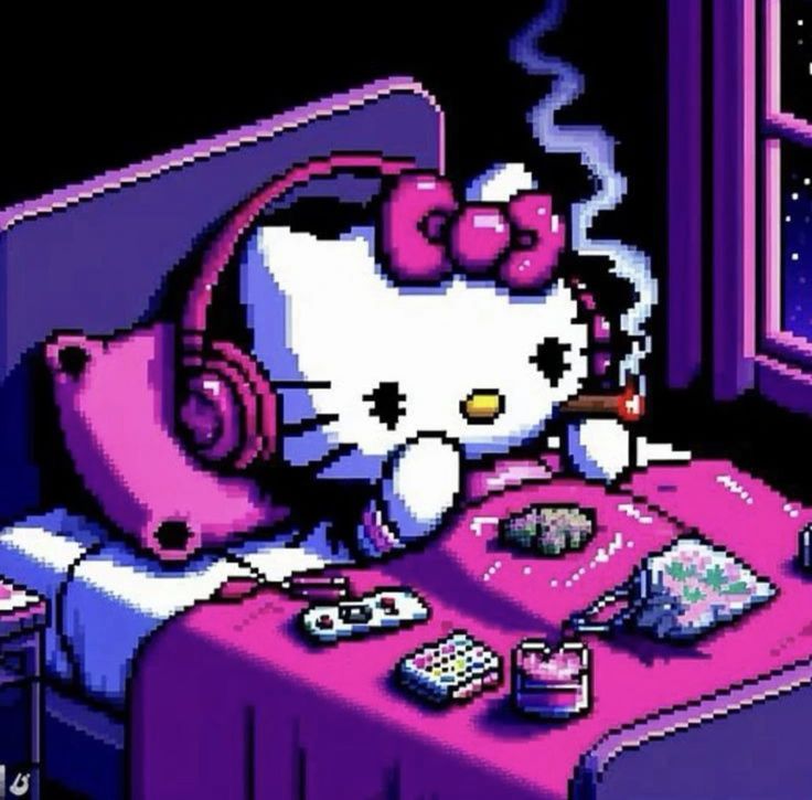 an image of a hello kitty bed with headphones on