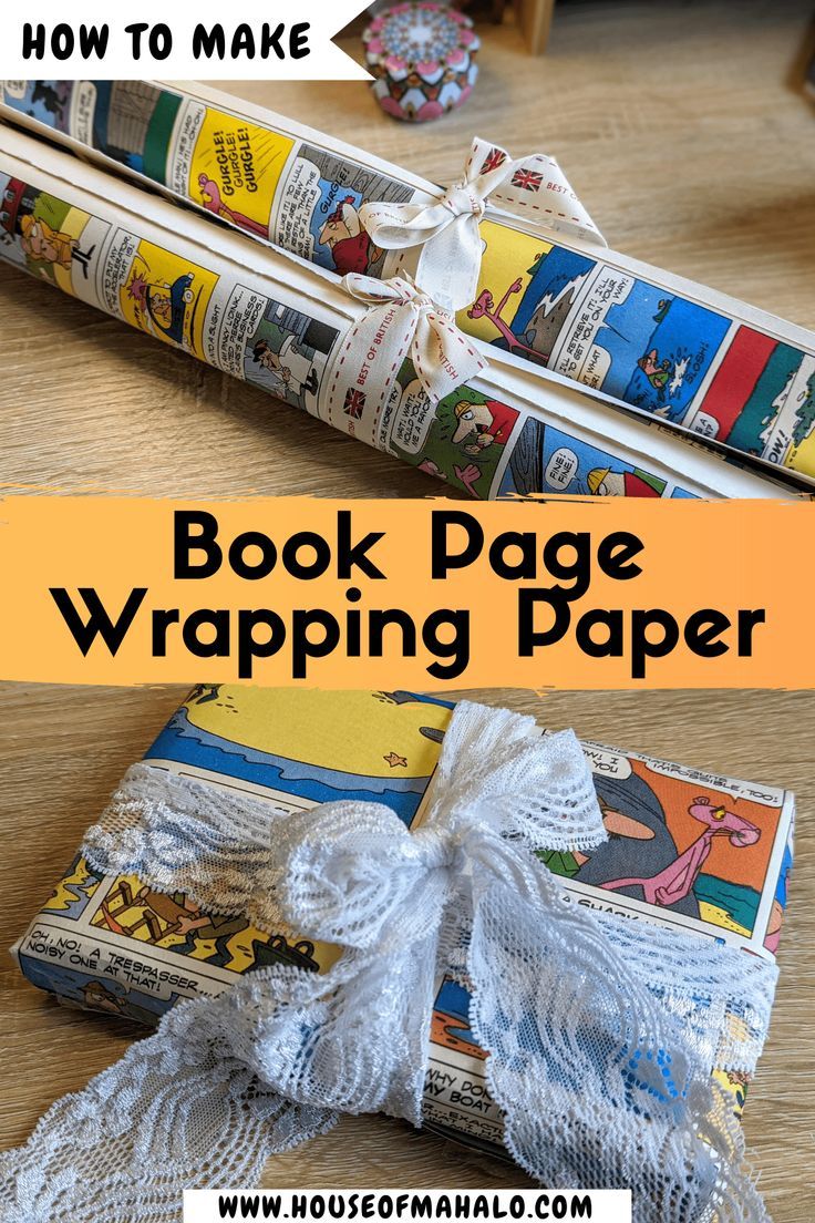 the book page wrapping paper is tied up and ready to be used as a craft project