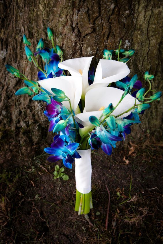 a bridal bouquet with blue and white flowers on the ground next to a tree